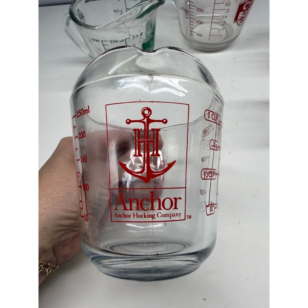 Anchor Hocking Oven Basics Glass Measuring Cup Lot 5pc Assorted Sizes Clear Red